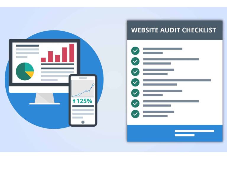 A visual representation of a website audit process, showing various elements being checked and analyzed.